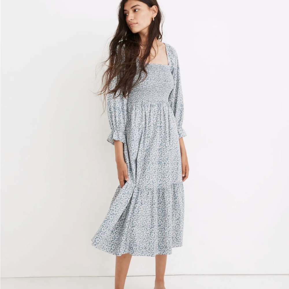 Lucie Elbow-Sleeve Smocked Midi Dress in Sunflower Field